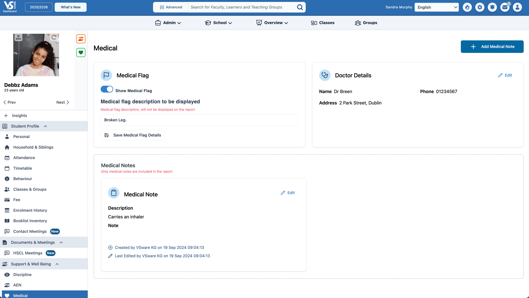 Adding AEN / Medical data to student profile